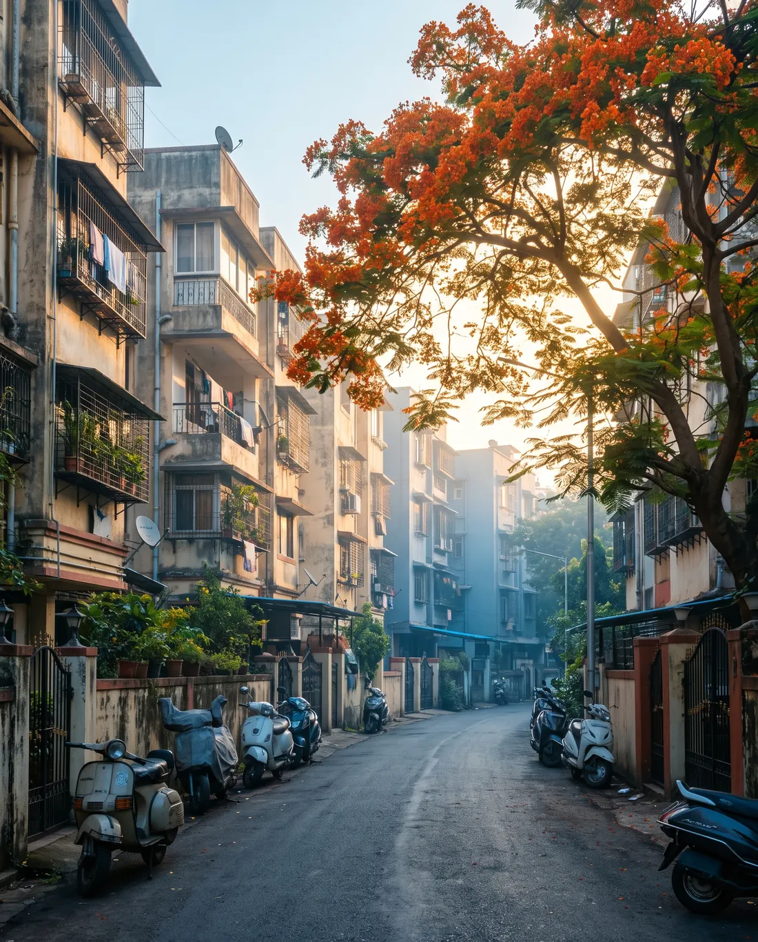 A quiet Mumbai lane at sunrise, lined with old apartment blocks and a flowering tree