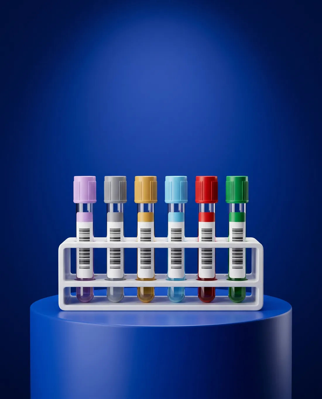 Six sample tubes with barcode labels in a white rack on a blue plinth