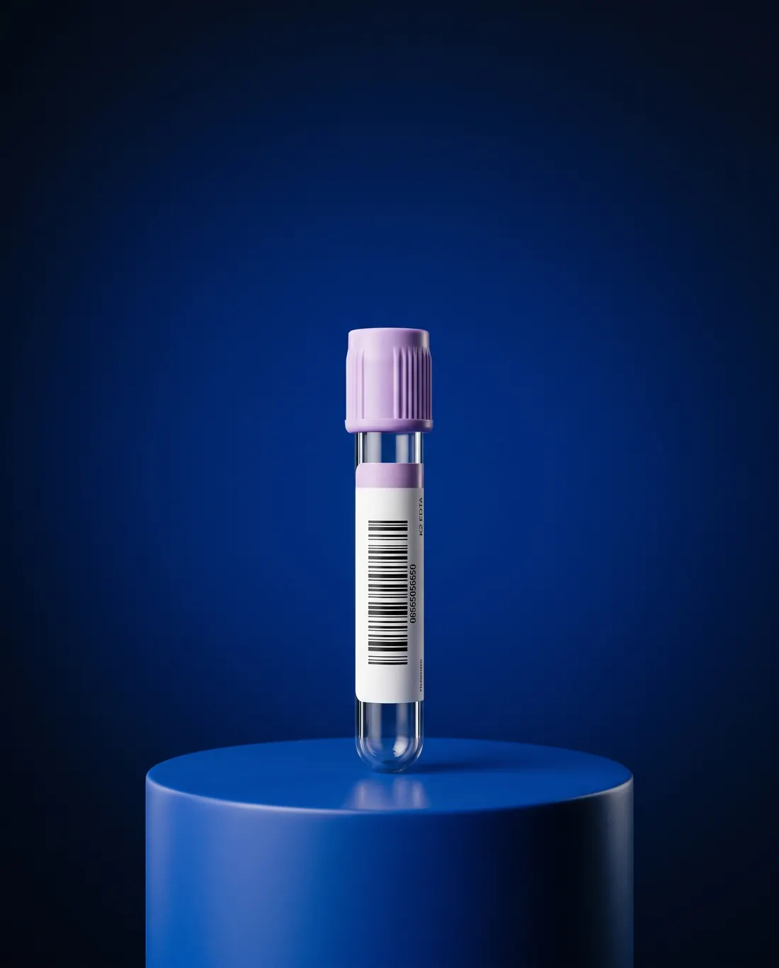 A sample tube with a barcode label standing on a blue plinth