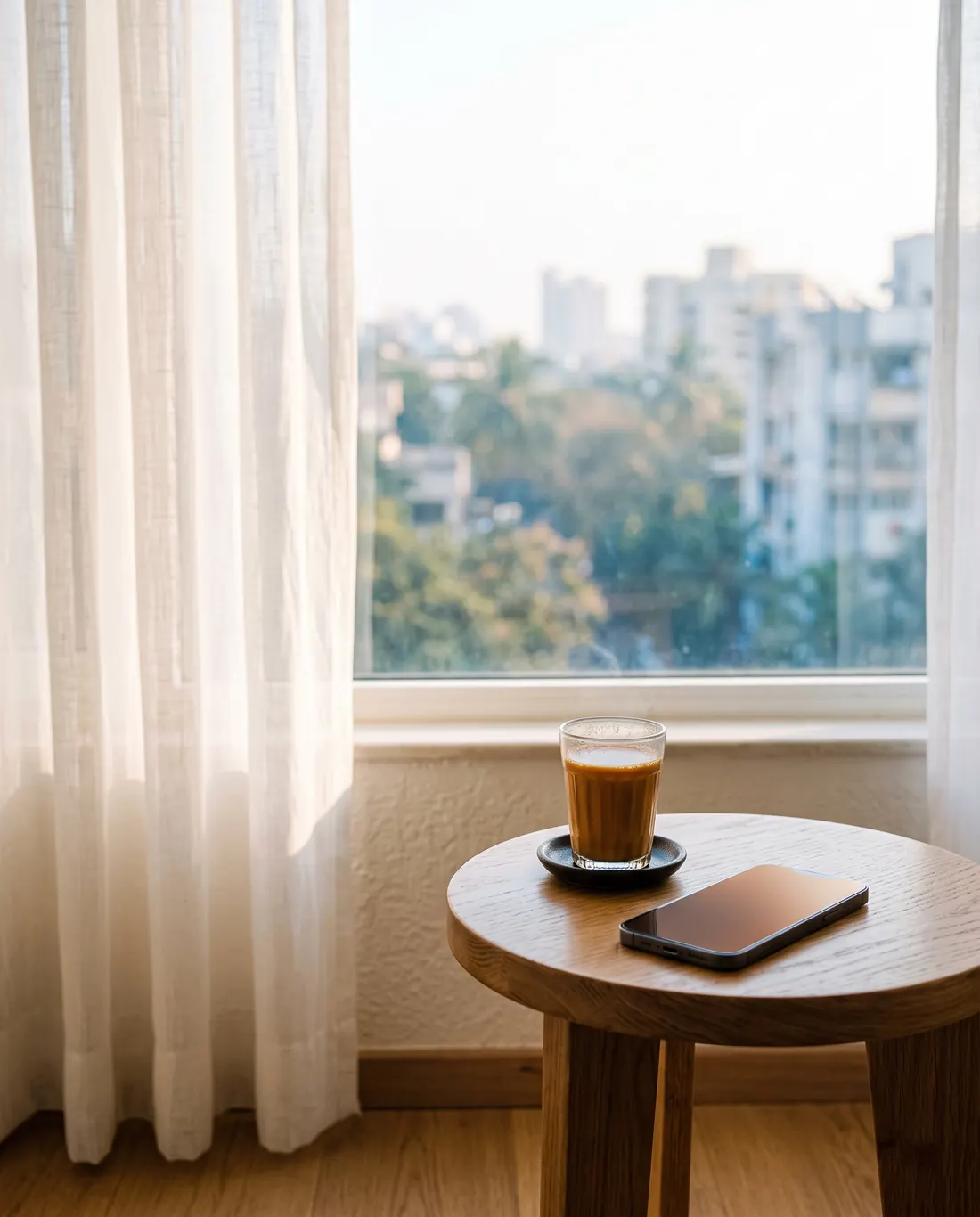 A glass of chai and a phone on a wooden side table by a bright window